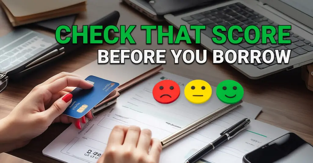 Person holding a business credit card at a desk with financial documents, a laptop, and credit score icons (sad, neutral, happy face), with text overlay saying &ldquo;Check That Score Before You Borrow&rdquo; &mdash; illustrating the importance of checking your business&rsquo;s credit score.