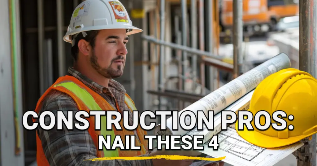 Construction worker in a hard hat and safety vest reviewing blueprints at a job site. A yellow helmet rests on top of architectural plans. Overlaid text reads: &ldquo;Construction Pros: Nail These 4.&rdquo;