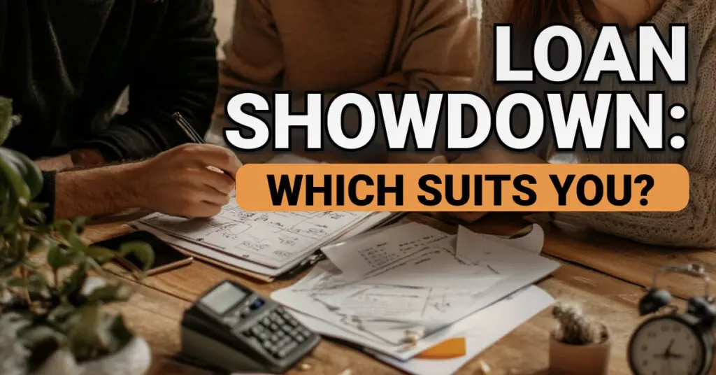 Two people reviewing financial documents and using a calculator at a wooden desk, with overlaid text reading &ldquo;Loan Showdown: Which Suits You?&rdquo; &mdash; representing a comparison of different types of business loans.