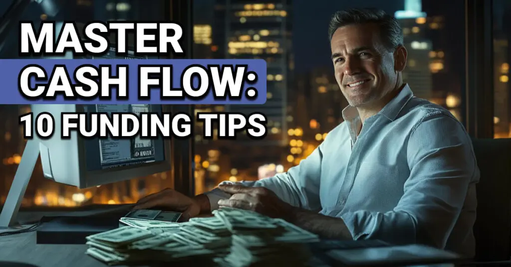 Smiling man at a desk in a high-rise office at night, surrounded by stacks of cash and working on a desktop computer. Overlaid text reads: &ldquo;Master Cash Flow: 10 Funding Tips,&rdquo; emphasizing strategies for managing and boosting business finances.