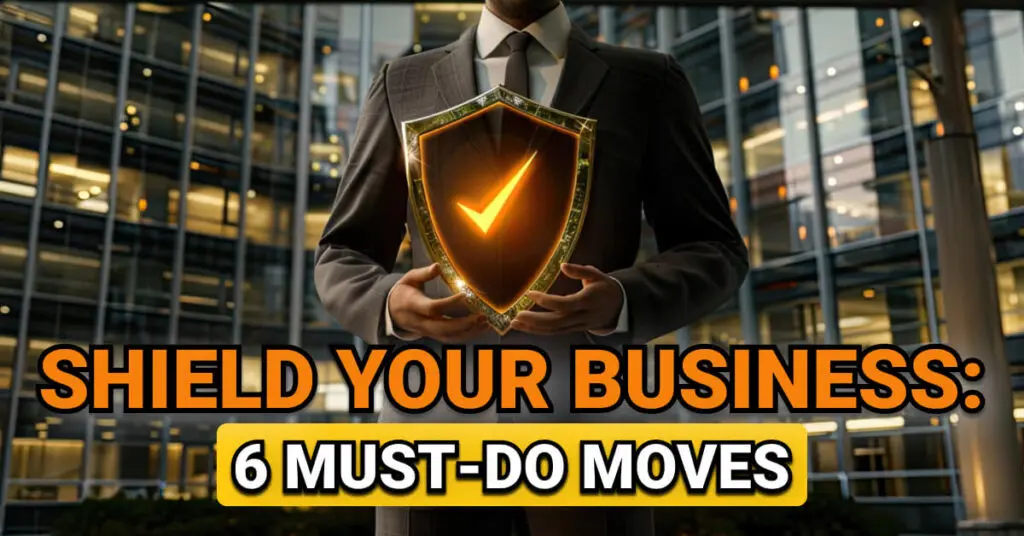 Businessman in a suit holding a glowing shield with a checkmark in front of a modern glass office building. Overlaid text reads: &ldquo;Shield Your Business: 6 Must-Do Moves,&rdquo; emphasizing key strategies for business protection.