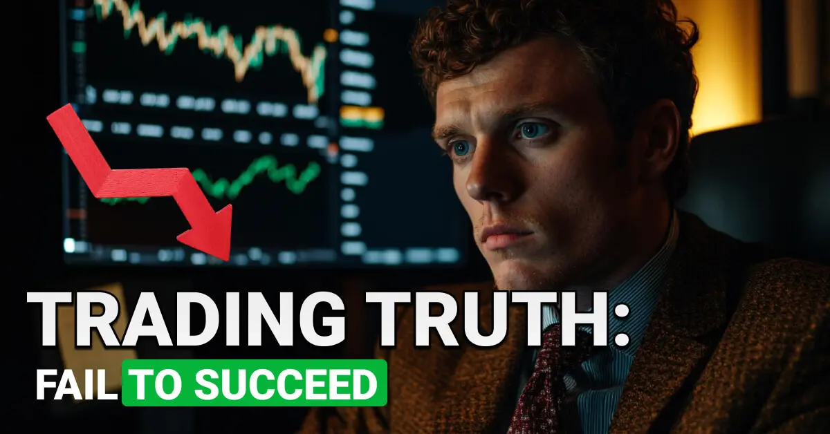 Serious-looking man in business attire staring at multiple trading monitors showing volatile stock charts. A large red downward arrow appears beside the text: “Trading Truth: Fail to Succeed,” highlighting the role of failure in investment learning.