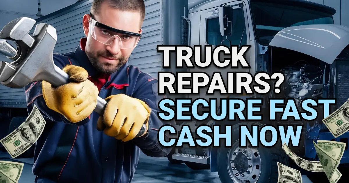 Mechanic in safety gear gripping a large wrench in front of a semi-truck with its hood open. Flying dollar bills and bold overlaid text read: “Truck Repairs? Secure Fast Cash Now,” emphasizing quick financing options for vehicle maintenance.