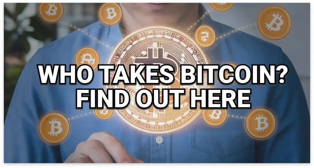 Person in a blue shirt tapping a virtual screen with floating Bitcoin symbols and a large digital Bitcoin icon at the center, with bold text saying &ldquo;Who Takes Bitcoin? Find Out Here.&rdquo;