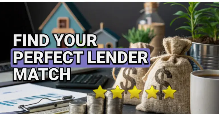 Stacks of coins, burlap money bags with dollar signs, and potted plants on a modern desk with office supplies. The overlay text says: “Find Your Perfect Lender Match” and includes a four-star rating graphic.