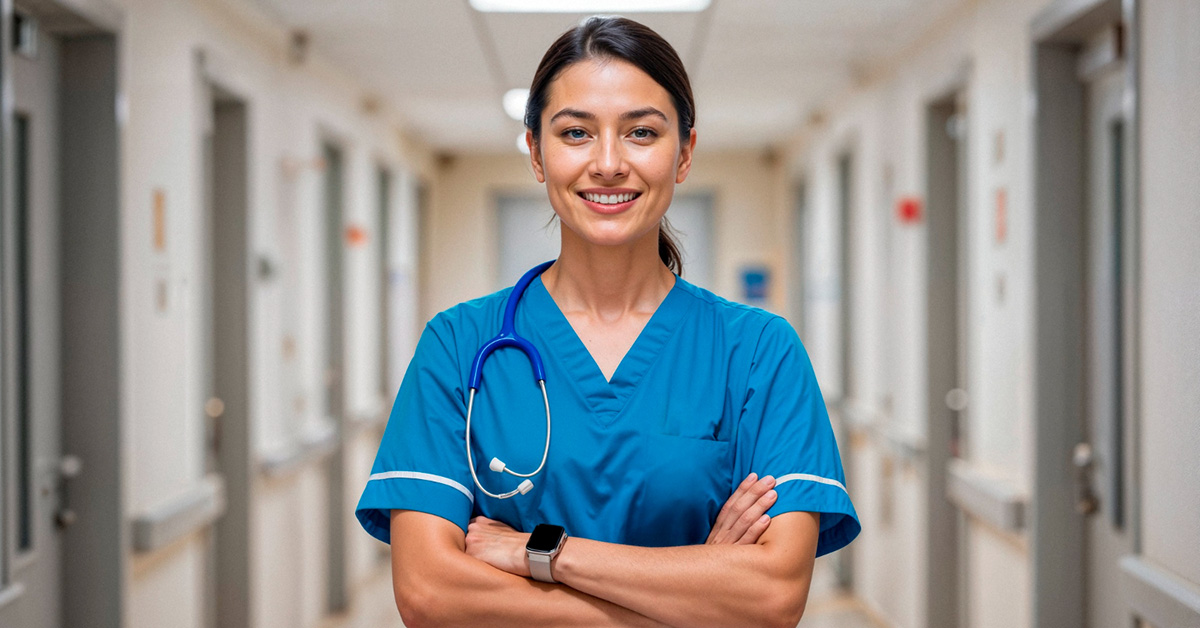 Confident nurse in scrubs with arms crossed, standing in a hospital hallway—representing healthcare professionals exploring entrepreneurial business opportunities.