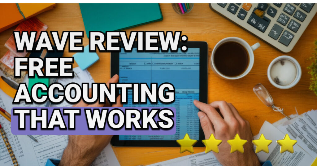 Person using a tablet to view financial data, surrounded by papers, a calculator, coffee cups, and office supplies, with bold text reading “Wave Review: Free Accounting That Works” and five gold stars at the bottom.