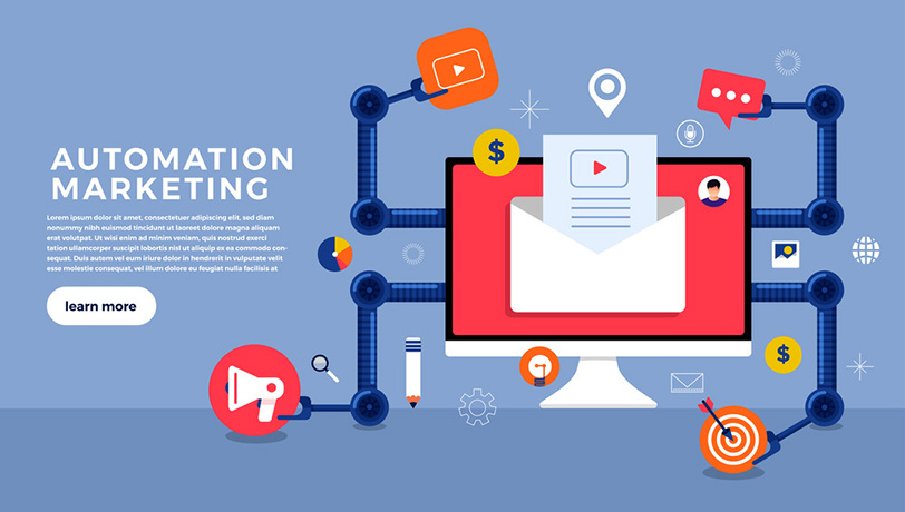 Illustration depicting a desktop computer performing several tasks related to Marketing Automation.