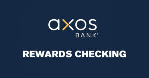 Axos Bank® logo and Rewards Checking text on a dark blue background, highlighting the bank’s checking account product