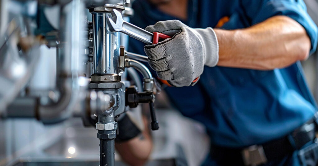 Close-up of a plumber using a wrench to tighten metal pipes, representing the operational needs and financing solutions for plumbing businesses.
