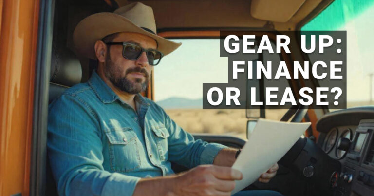 Man in cowboy hat and sunglasses sitting in a truck cab, reviewing documents—representing the decision-making process between financing or leasing equipment for business operations.