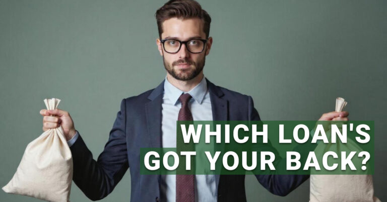 Confident businessman holding money bags in each hand against a plain background—symbolizing the comparison of different types of business loans and funding options.