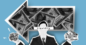 Illustration of a businessperson balancing cash and real estate with the word “Liquidity” and a background of dollar bills—representing different types of collateral for securing a business loan.