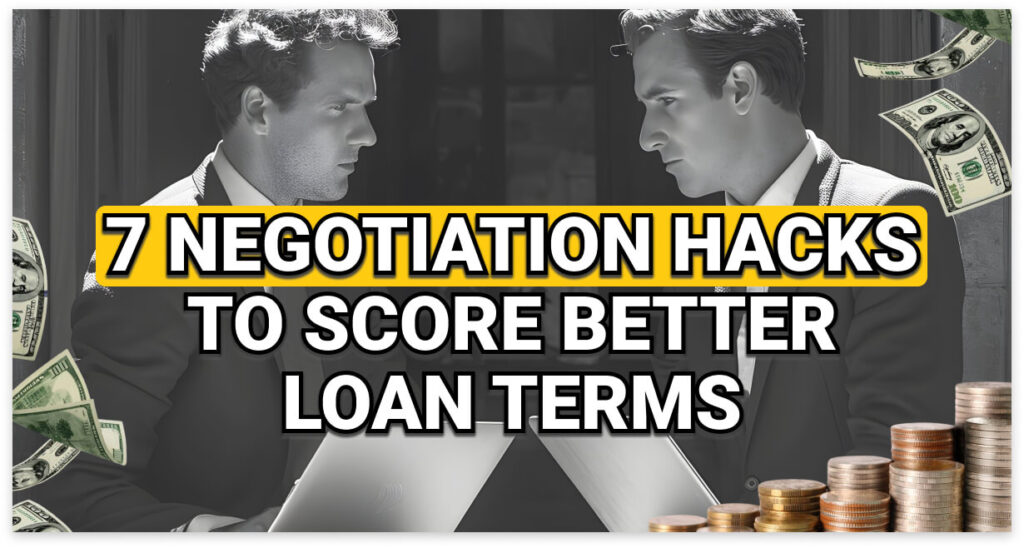 Two businessmen in suits face each other with laptops, surrounded by flying dollar bills and stacks of coins. The image is partially black and white with color accents. Overlaid bold text reads: “7 Negotiation Hacks to Score Better Loan Terms.”