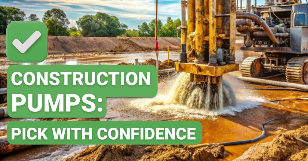 Heavy-duty construction pump operating at a muddy worksite with water gushing from the machinery. Overlaid green text box reads: “Construction Pumps: Pick With Confidence,” next to a large checkmark, suggesting a reliable equipment selection guide.