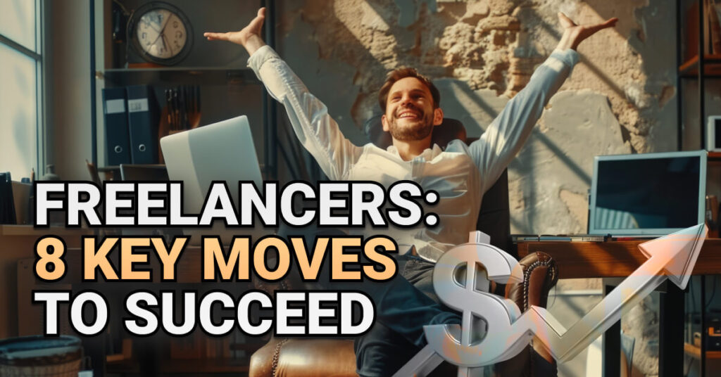 Happy freelancer stretching with arms raised at a desk in a cozy home office, smiling with satisfaction. Laptops, folders, and warm lighting fill the workspace. Overlaid text reads: “Freelancers: 8 Key Moves to Succeed,” with a rising dollar sign graphic symbolizing financial growth.