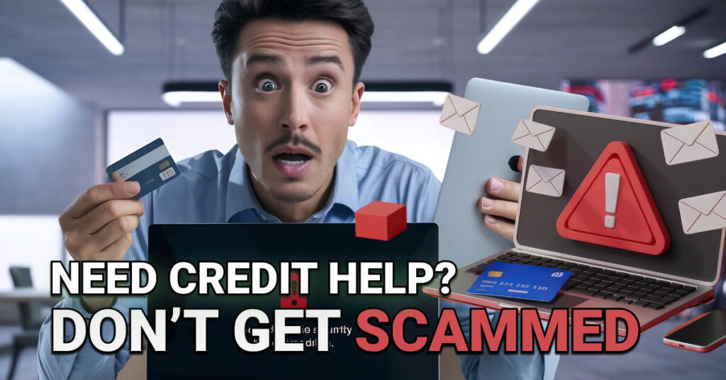 Concerned man holding a credit card in front of laptops displaying warning signs, scam alerts, and floating email icons. Overlaid text reads: “Need Credit Help? Don’t Get Scammed,” warning about fraudulent credit repair services.