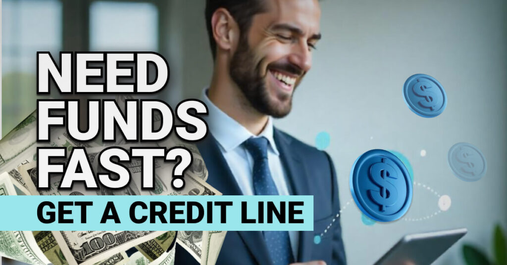 Smiling man in a suit looks at a tablet with dollar icons floating around. Text overlay reads “Need Funds Fast? Get a Credit Line,” emphasizing quick financing solutions.