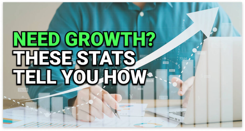 Person working on financial documents and a laptop with overlaid bar graphs and an upward arrow, symbolizing business growth. Text on image reads: “Need Growth? These Stats Tell You How.”