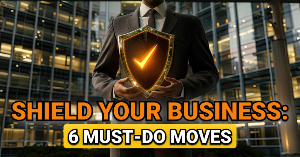 Businessman in a suit holding a glowing shield with a checkmark in front of a modern glass office building. Overlaid text reads: “Shield Your Business: 6 Must-Do Moves,” emphasizing key strategies for business protection.