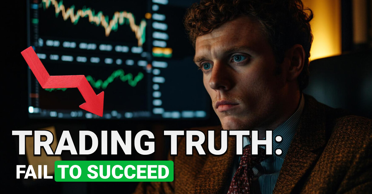 Serious-looking man in business attire staring at multiple trading monitors showing volatile stock charts. A large red downward arrow appears beside the text: “Trading Truth: Fail to Succeed,” highlighting the role of failure in investment learning.