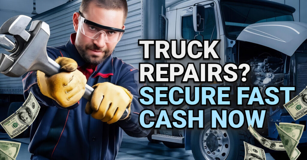 Mechanic in safety gear gripping a large wrench in front of a semi-truck with its hood open. Flying dollar bills and bold overlaid text read: “Truck Repairs? Secure Fast Cash Now,” emphasizing quick financing options for vehicle maintenance.