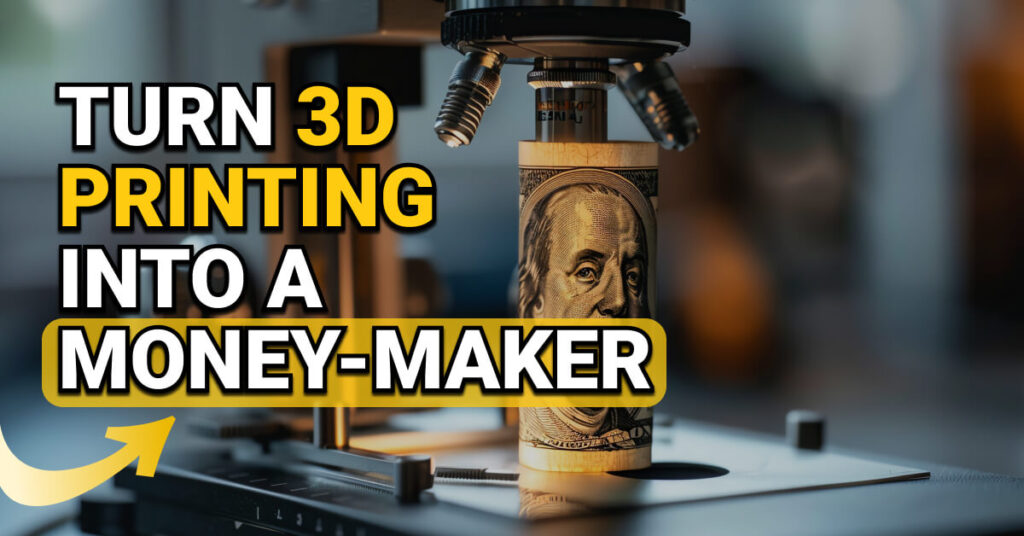 A close-up of a 3D printer printing a roll of U.S. hundred-dollar bills, with bold text that reads “Turn 3D Printing Into a Money-Maker” and a yellow arrow pointing to the machine.