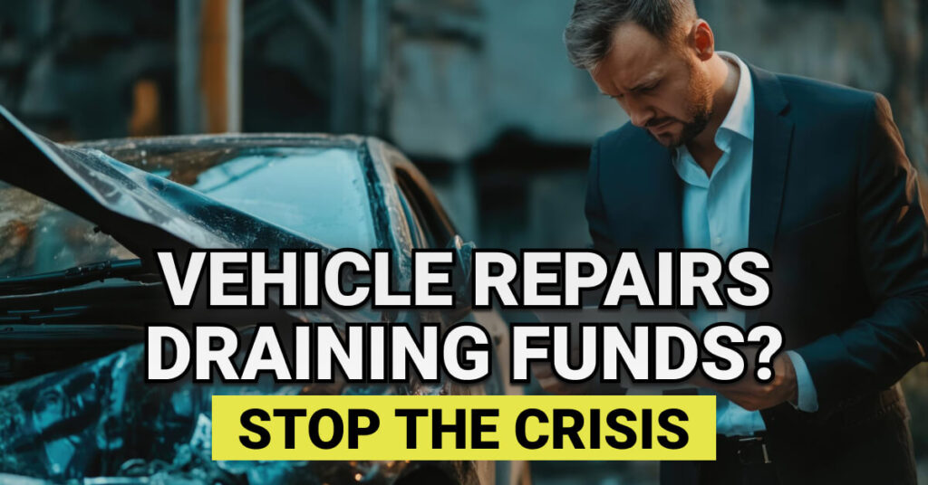 Man in a suit examining a clipboard near a damaged vehicle with a cracked windshield. Bold text reads: “Vehicle Repairs Draining Funds? Stop the Crisis.”