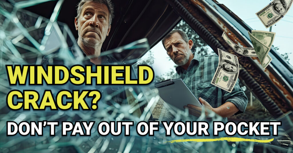Two men inspecting a car with a cracked windshield, one holding a clipboard. Dollar bills float in the air. Text overlay reads: “Windshield Crack? Don’t Pay Out of Your Pocket.”