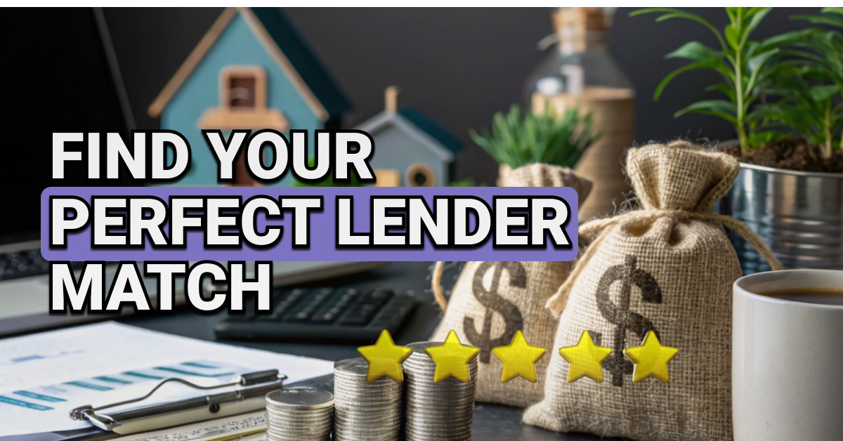 Stacks of coins, burlap money bags with dollar signs, and potted plants on a modern desk with office supplies. The overlay text says: “Find Your Perfect Lender Match” and includes a four-star rating graphic.